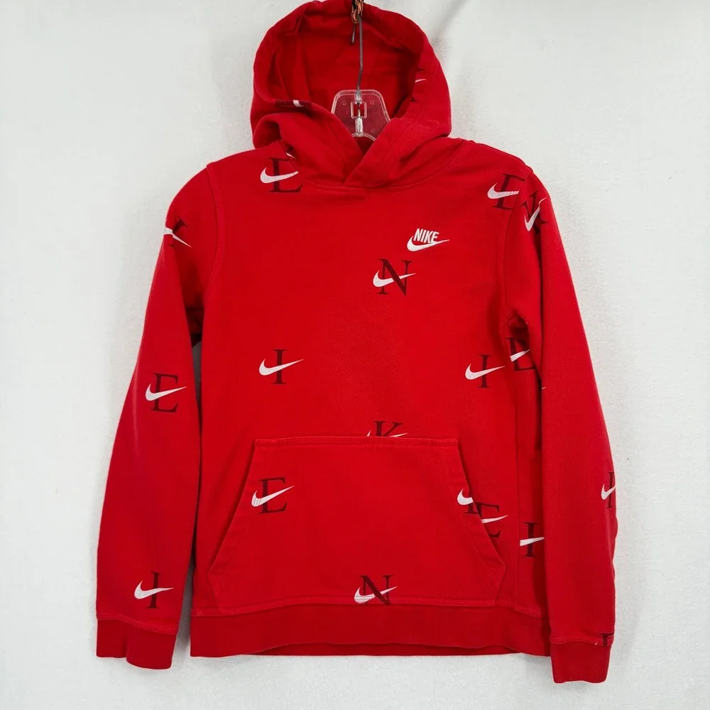 Nike Hoodie Kids Large Red Swoosh All Over Print Pullover DX5699-657 Cotton Poly